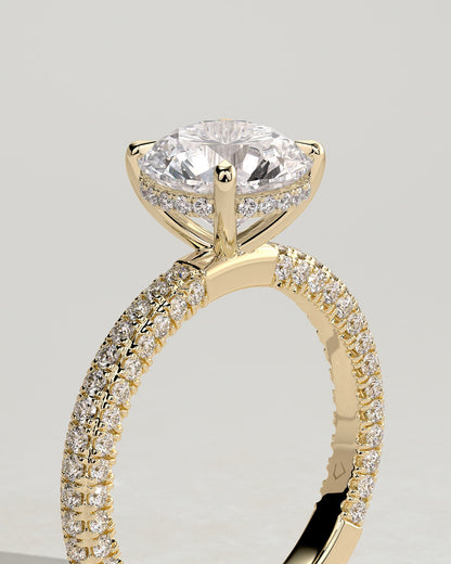 Alex - Round Claw Solitaire with Hidden Halo and Triple Pave Band Engagement Ring - Yellow Gold