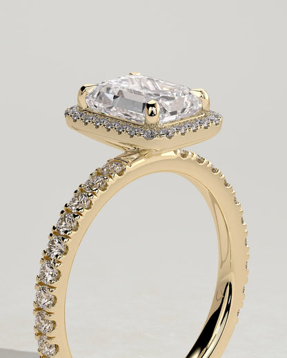 Analyce - Emerald Claw Solitaire with Halo and Pave Band Engagement Ring - Yellow Gold
