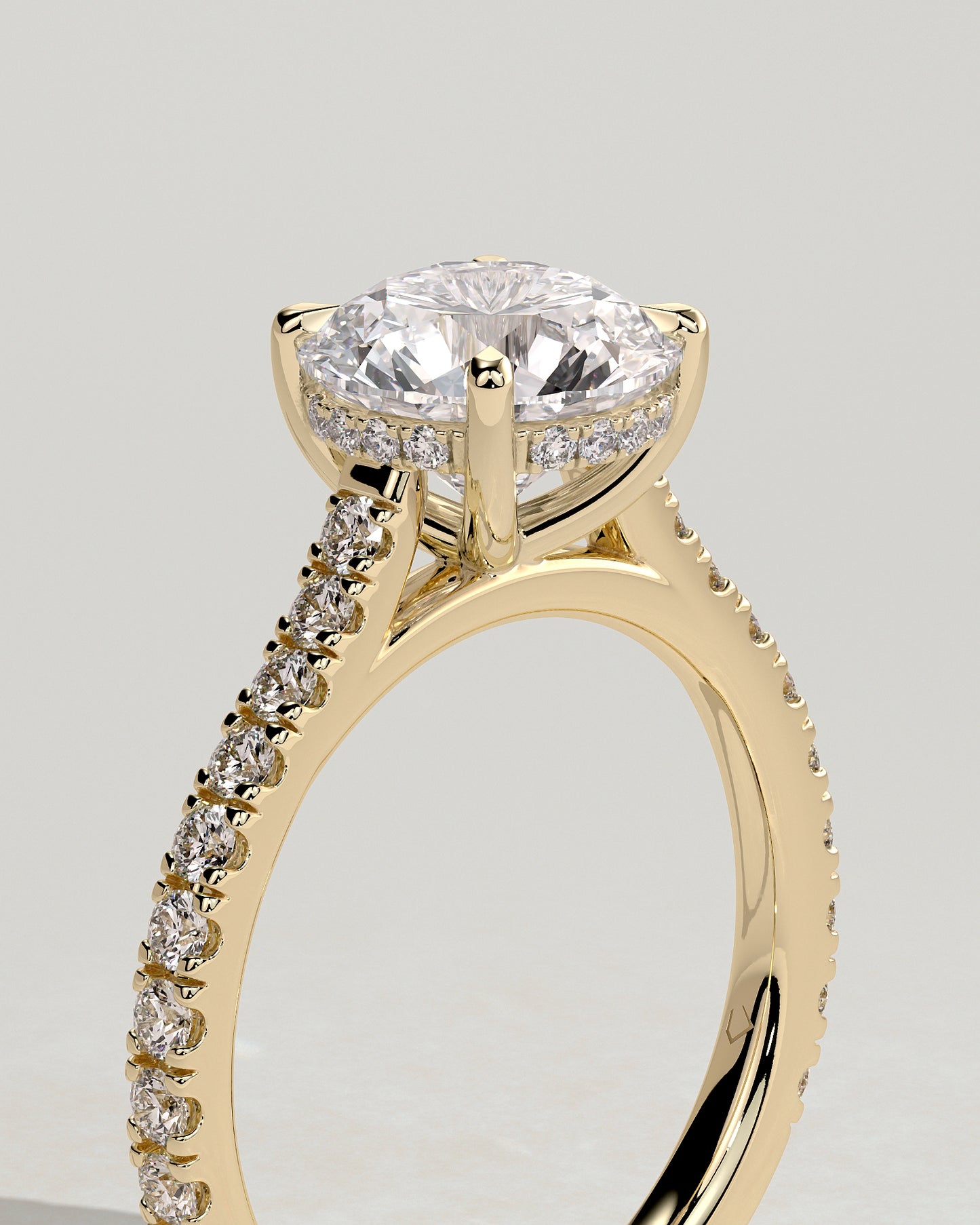 Ashlea - Round Claw Solitaire with Hidden Halo, Pave Band and Cathedral High Setting Engagement Ring - Yellow Gold - Yellow Gold 2ct