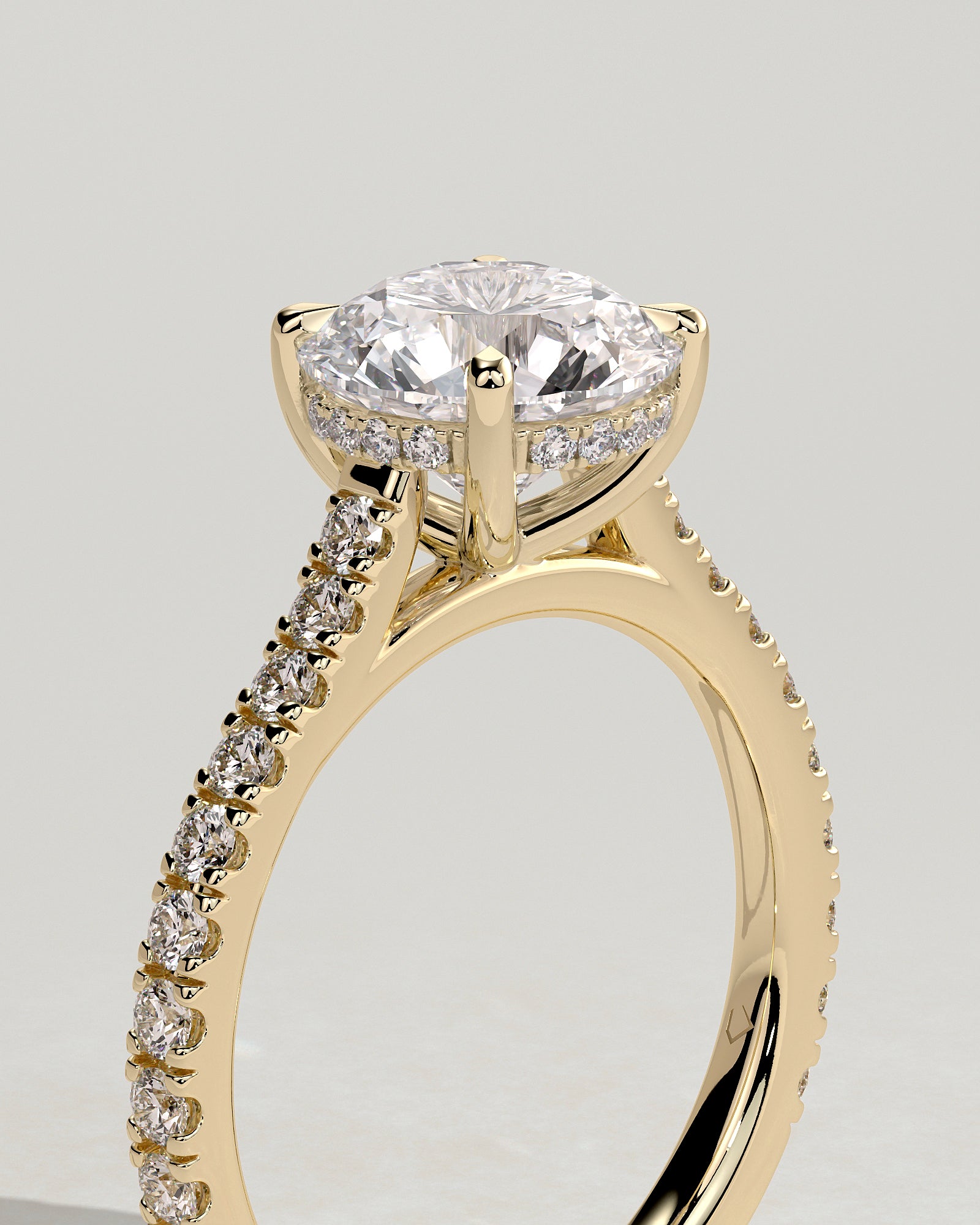 Ashlea - Round Claw Solitaire with Hidden Halo, Pave Band and Cathedral High Setting Engagement Ring - Yellow Gold - Yellow Gold 2ct