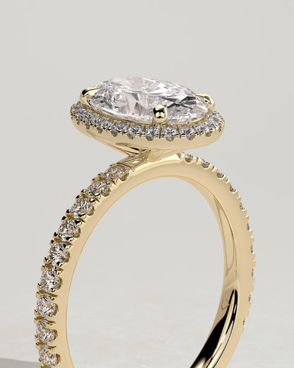 Aurora - Oval Claw Solitaire with Halo and Pave Band Engagement Ring - Yellow Gold