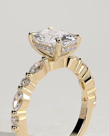 Cali - Elongated Cushion Claw Solitaire with Marquise-Round Accent Stones and Hidden Halo Engagement Ring - Yellow Gold