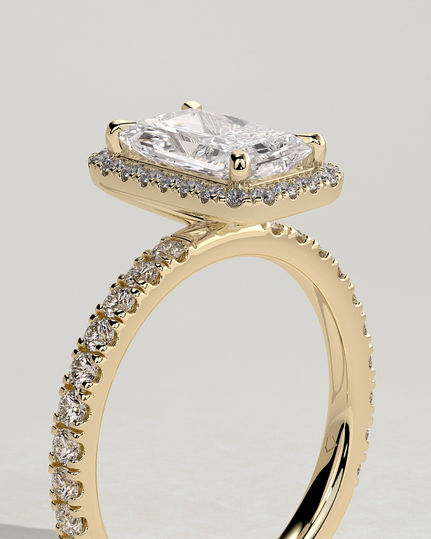 Catherine - Radiant Claw Solitaire with Halo and Pave Band Engagement Ring - Yellow Gold - Yellow Gold 2ct