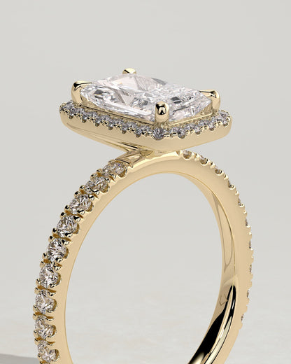 Catherine - Radiant Claw Solitaire with Halo and Pave Band Engagement Ring - Yellow Gold