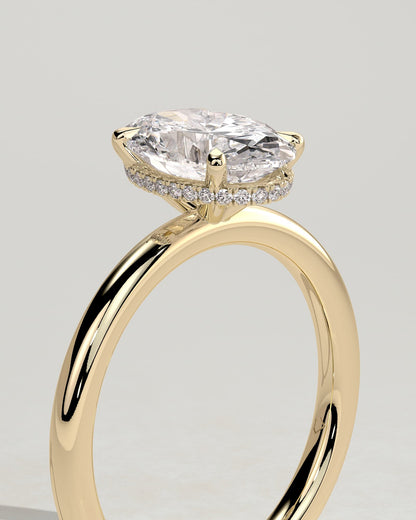 Cecilia - Oval Claw Solitaire with Wrap Around Hidden Halo Engagement Ring - Yellow Gold