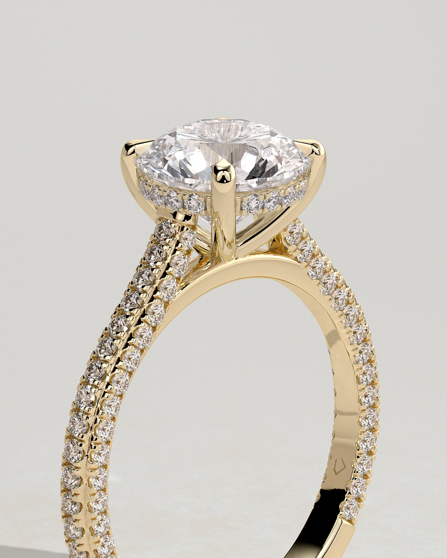 Chelsea - Round Claw Solitaire with Hidden Halo, Triple Pave Band and Cathedral High Setting Engagement Ring - Yellow Gold - Yellow Gold 2ct