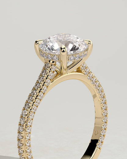Chelsea - Round Claw Solitaire with Hidden Halo, Triple Pave Band and Cathedral High Setting Engagement Ring - Yellow Gold