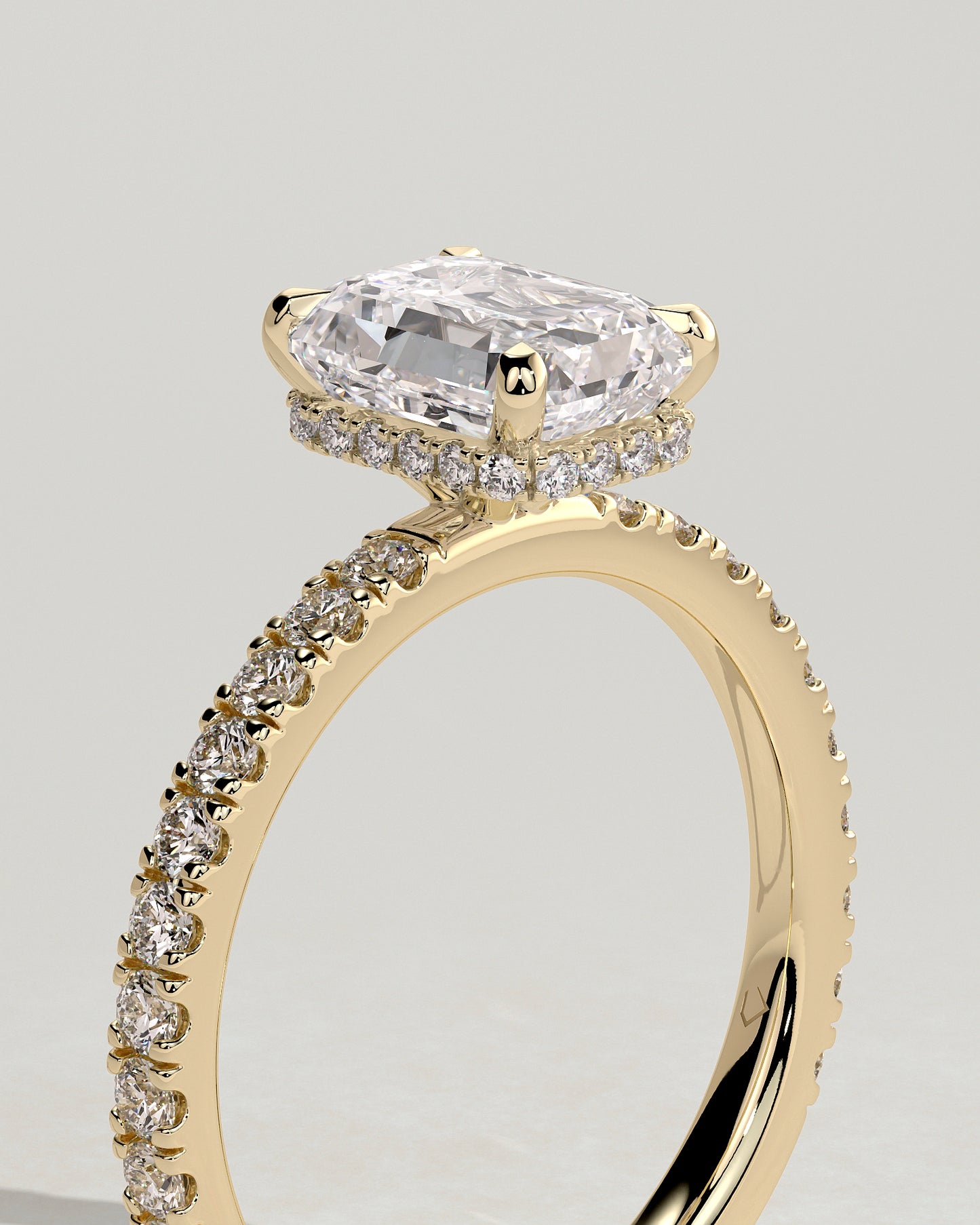 Eliana - Emerald Claw Solitaire with Wrap Around Hidden Halo and Pave Band Engagement Ring - Yellow Gold - Yellow Gold 2ct