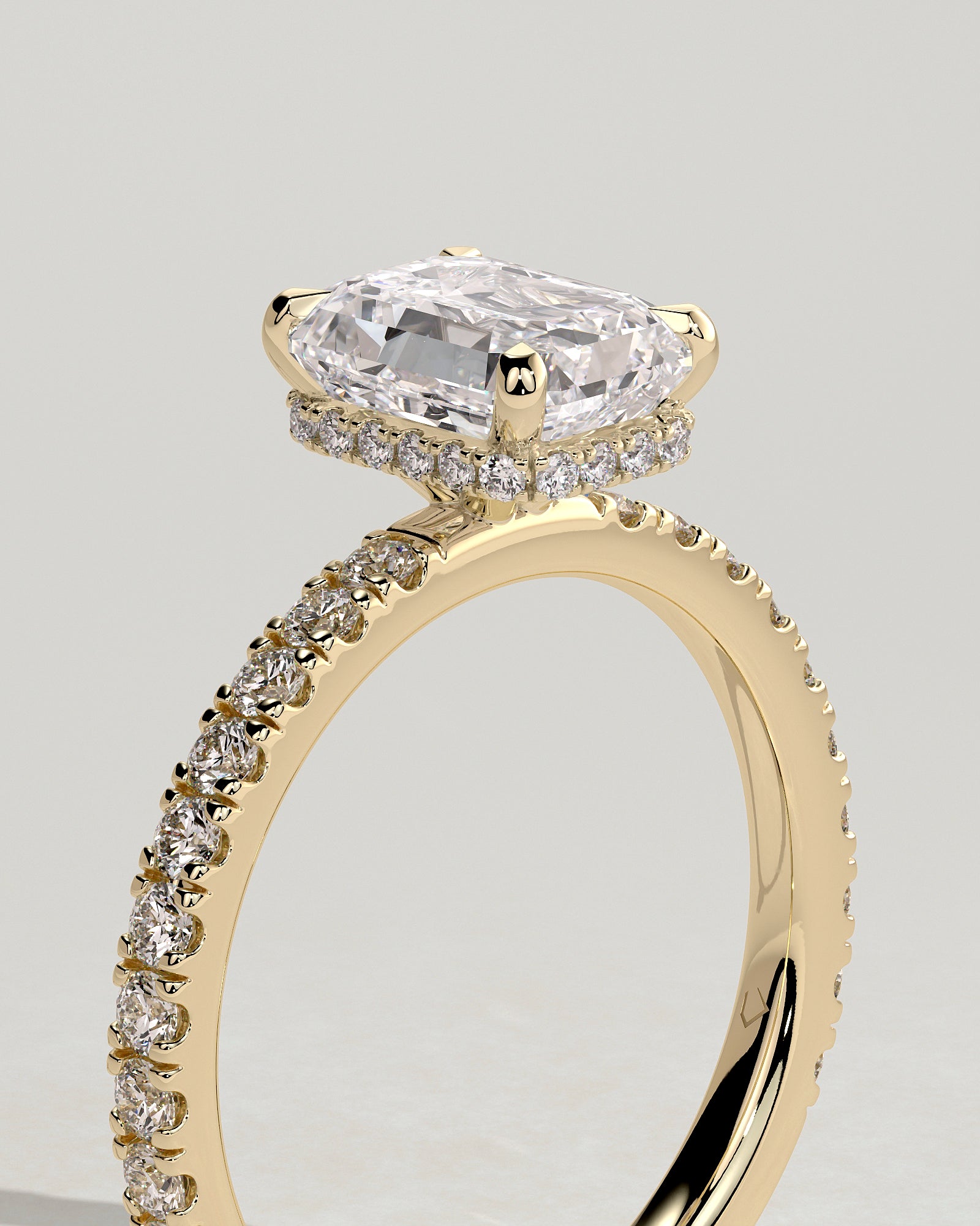 Eliana - Emerald Claw Solitaire with Wrap Around Hidden Halo and Pave Band Engagement Ring - Yellow Gold - Yellow Gold 2ct