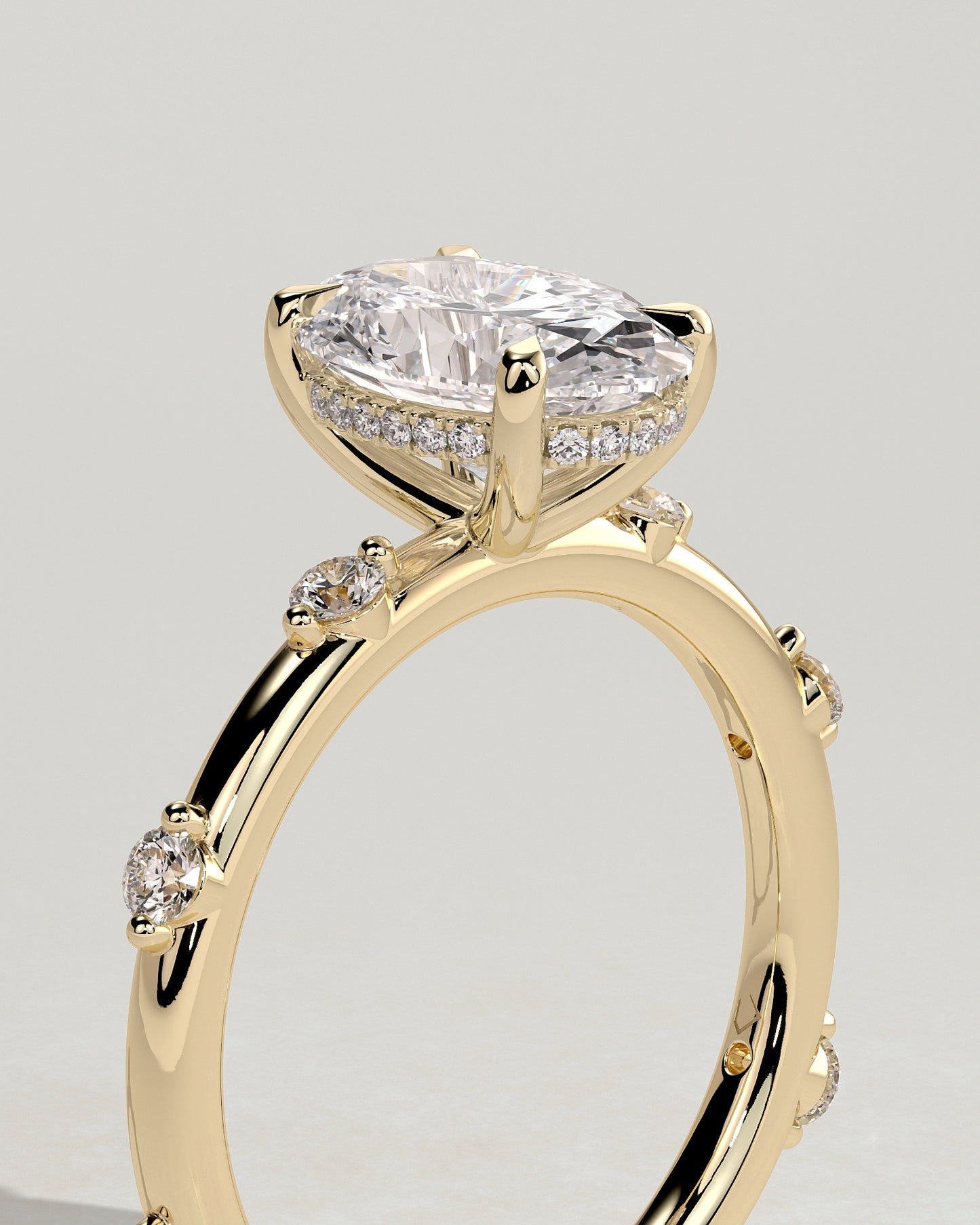 Elise - Oval Claw Solitaire with 6 Spaced Round Accent Stones and Hidden Halo Engagement Ring - Yellow Gold - Yellow Gold 2ct