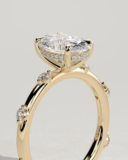 Elise - Oval Claw Solitaire with 6 Spaced Round Accent Stones and Hidden Halo Engagement Ring - Yellow Gold