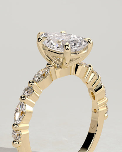 Jacinta - Pear Claw Solitaire with Marquise and Round Accent Stones Engagement Ring - Yellow Gold