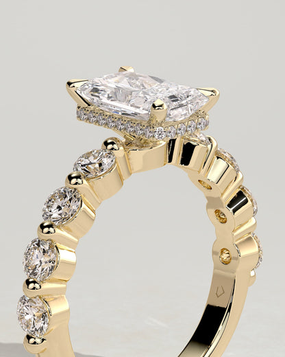 Josephine - Radiant Claw Solitaire with Round Accent Stones and Wrap Around Hidden Halo Engagement Ring - Yellow Gold