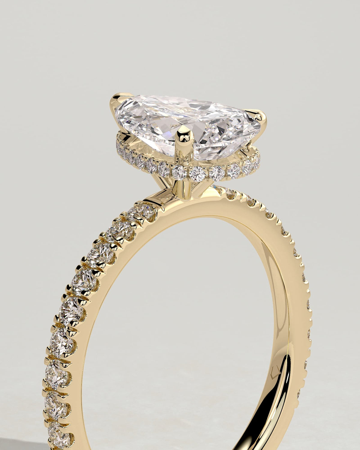 Keira - Pear Claw Solitaire with Wrap Around Hidden Halo and Pave Band Engagement Ring - Yellow Gold