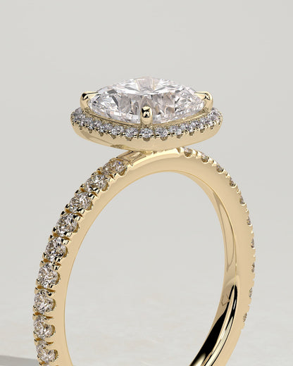 Suzana - Cushion Claw Solitaire with Halo and Pave Band Engagement Ring - Yellow Gold