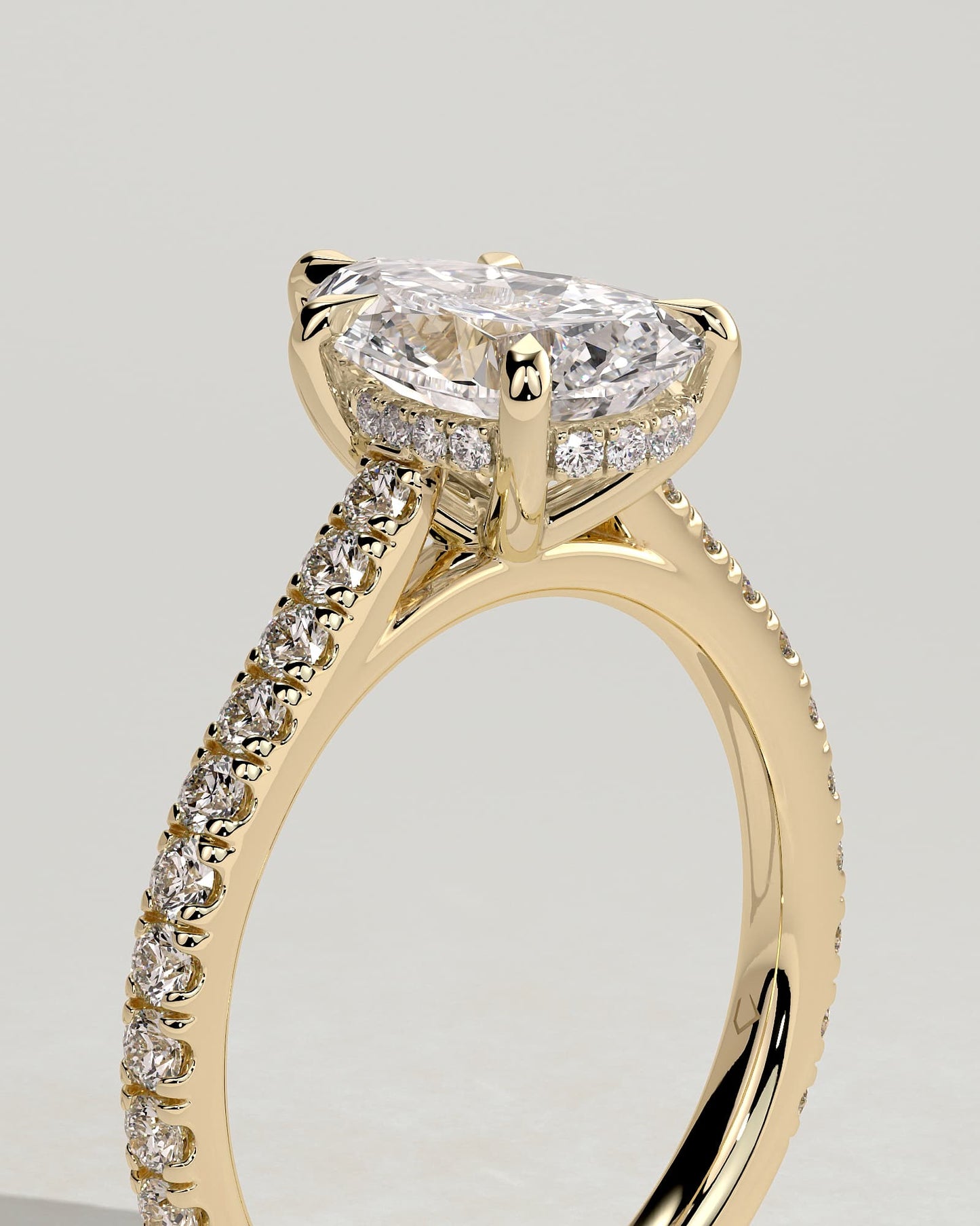 Katrina - Pear Claw Solitaire with Hidden Halo, Pave Band and Cathedral High Setting Engagement Ring - Yellow Gold