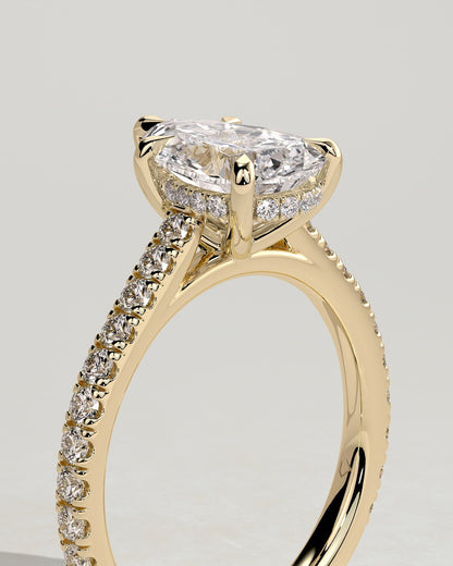 Katrina - Pear Claw Solitaire with Hidden Halo, Pave Band and Cathedral High Setting Engagement Ring - Yellow Gold
