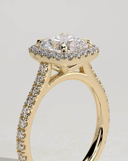 Nicole - Cushion Claw Solitaire with Halo and Pave Band and Cathedral High Setting Engagement Ring - Yellow Gold