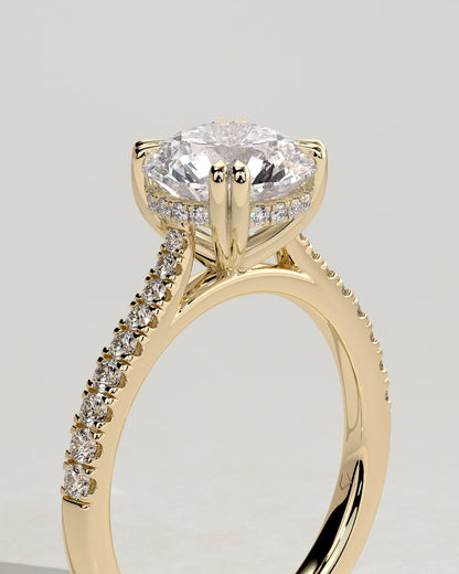Amelia - Round Double Claw Solitaire with Hidden Halo, Tapered Pave Band and Cathedral High Setting Engagement Ring - Yellow Gold