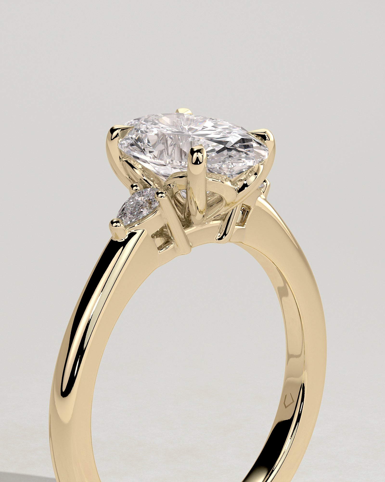 Elena - Oval Claw Trilogy with Pear Side Stones and Tulip Detail Engagement Ring - Yellow Gold - Yellow Gold 2ct