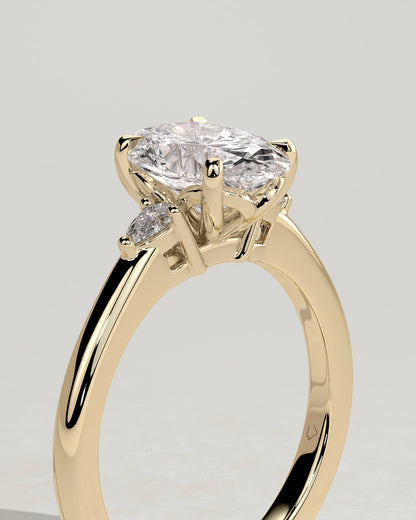 Elena - Oval Claw Trilogy with Pear Side Stones and Tulip Detail Engagement Ring - Yellow Gold