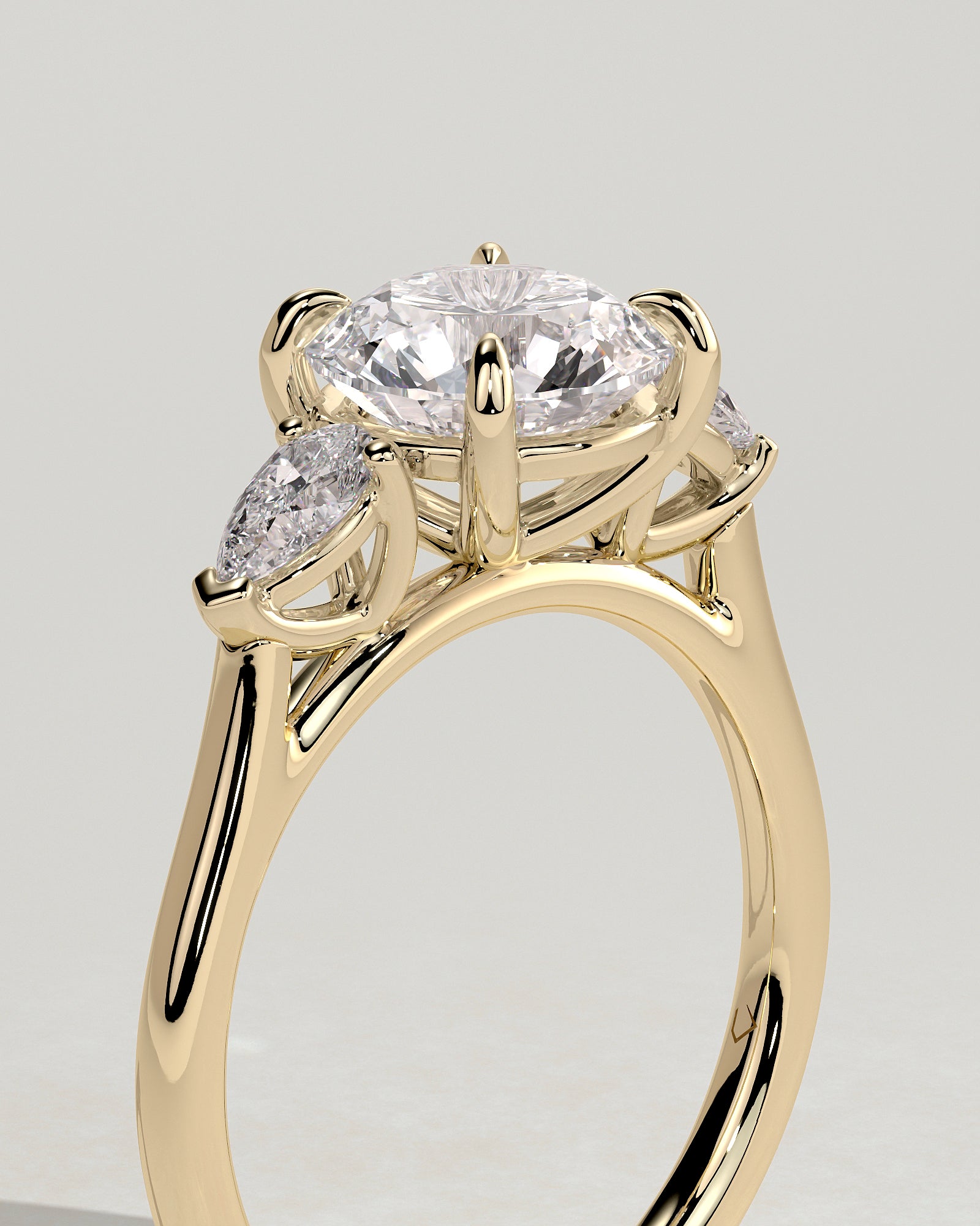 Arya - Round Claw Trilogy with Pear Side Stones and Cathedral Setting Engagement Ring - Yellow Gold - Yellow Gold 2ct