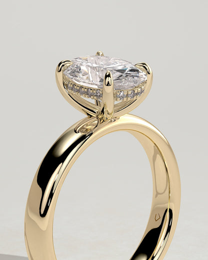 Bronte - Oval Claw Solitaire with Cigar Band and Hidden Halo Engagement Ring - Yellow Gold