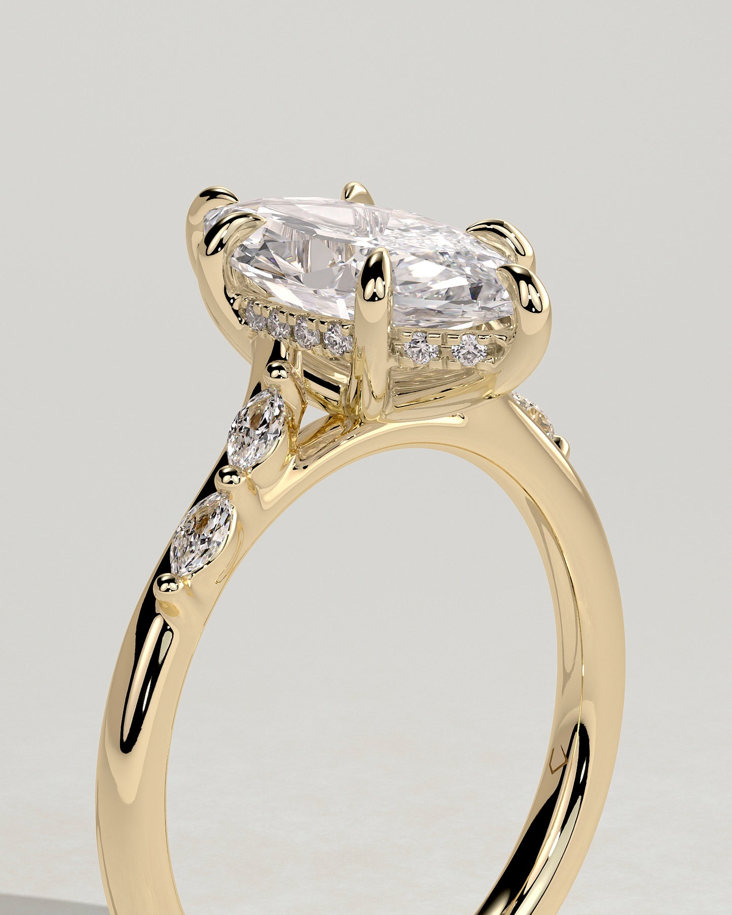 Elsie - Marquise Claw Solitaire with Hidden Halo, Opposing Marquise Accents and Cathedral High Setting Engagement Ring - Yellow Gold - Yellow Gold 2ct