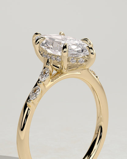 Elsie - Marquise Claw Solitaire with Hidden Halo, Opposing Marquise Accents and Cathedral High Setting Engagement Ring - Yellow Gold