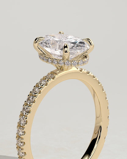 Evangeline - Oval Claw Solitaire with Wrap Around Hidden Halo and Pave Band Engagement Ring - Yellow Gold