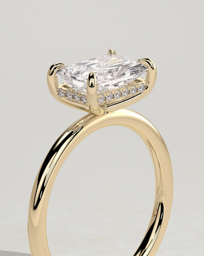 Francene - Radiant East West Claw Solitaire with Hidden Halo Engagement Ring - Yellow Gold