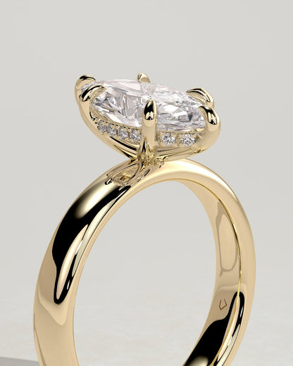Gigi - Marquise Claw Solitaire with Cigar Band and Hidden Halo Engagement Ring - Yellow Gold