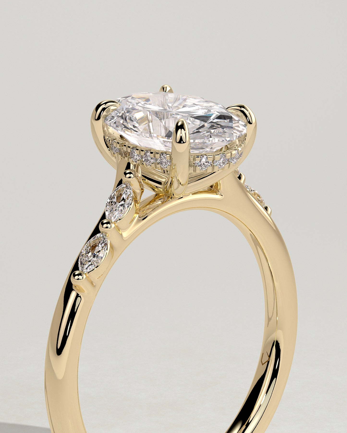 Jamie - Oval Claw Solitaire with Hidden Halo, Opposing Marquise Accents and Cathedral High Setting Engagement Ring - Yellow Gold - Yellow Gold 2ct