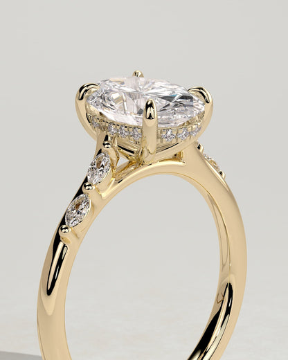 Jamie - Oval Claw Solitaire with Hidden Halo, Opposing Marquise Accents and Cathedral High Setting Engagement Ring - Yellow Gold