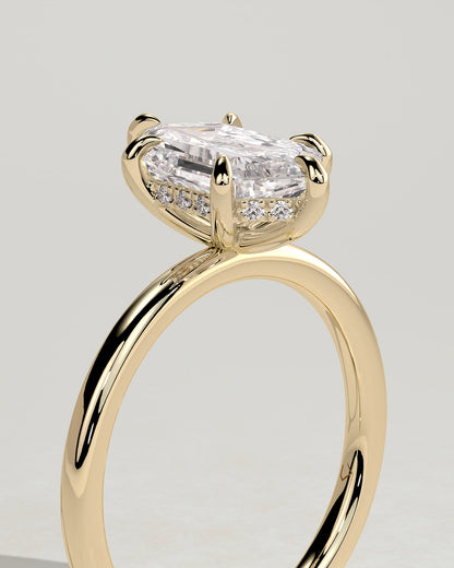 Delta - Elongated Hexagon Claw Solitaire with Hidden Halo Engagement Ring - Yellow Gold
