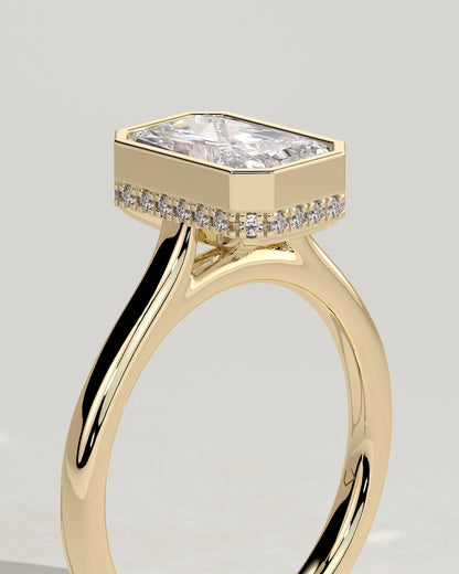 Bennie - Radiant Bezel Solitaire with Hidden Halo and Cathedral High Setting Engagement Ring - Yellow Gold