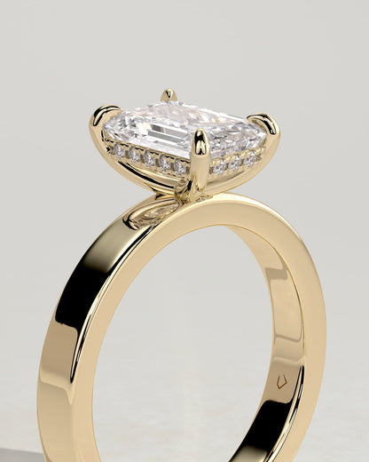 Carmella - Emerald Claw Solitaire with Flat Cigar Band and Hidden Halo Engagement Ring - Yellow Gold