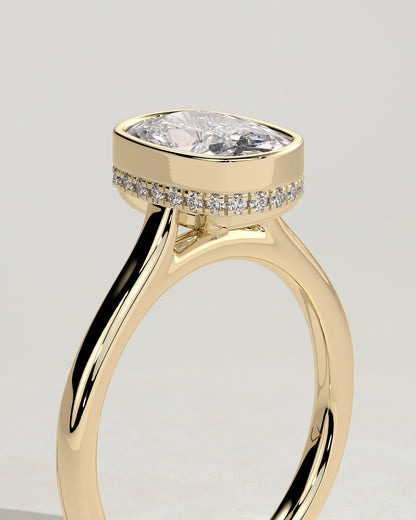 Everleigh - Elongated Cushion Bezel Solitaire with Hidden Halo and Cathedral High Setting Engagement Ring - Yellow Gold
