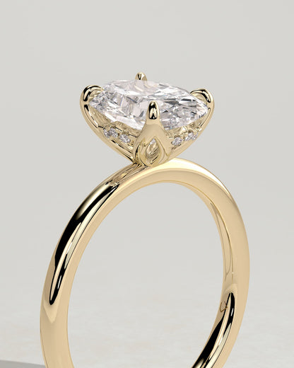 Ivy - Oval Claw Solitaire with Petal Gallery and Accented Tiara Detail Engagement Ring - Yellow Gold