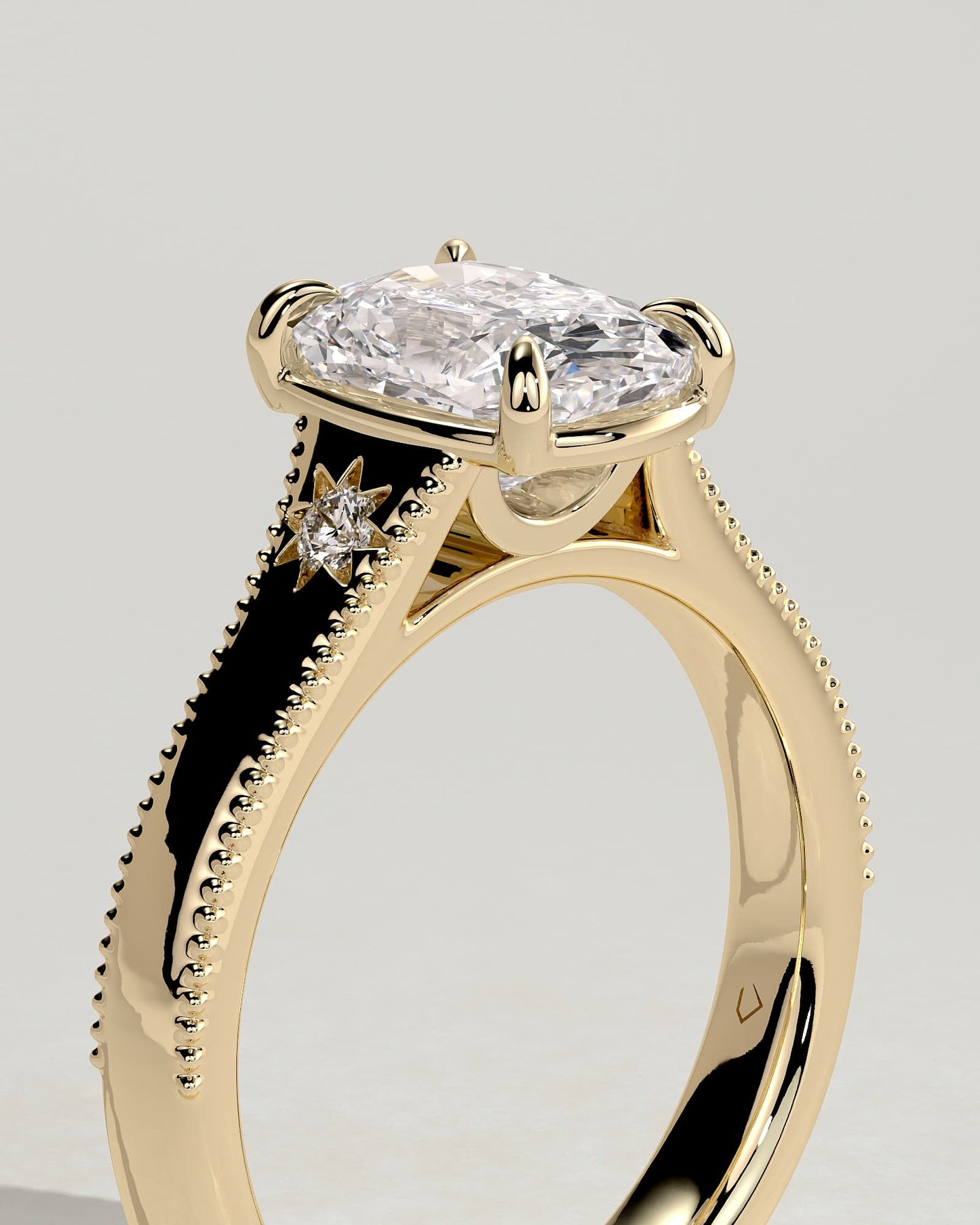 Taylor - Vintage Style Elongated Cushion Claw Solitaire with Bezel Frame and Star Set Accent Stones, Milgrain and Pinched Reverse Tapered Band Engagement Ring - Yellow Gold