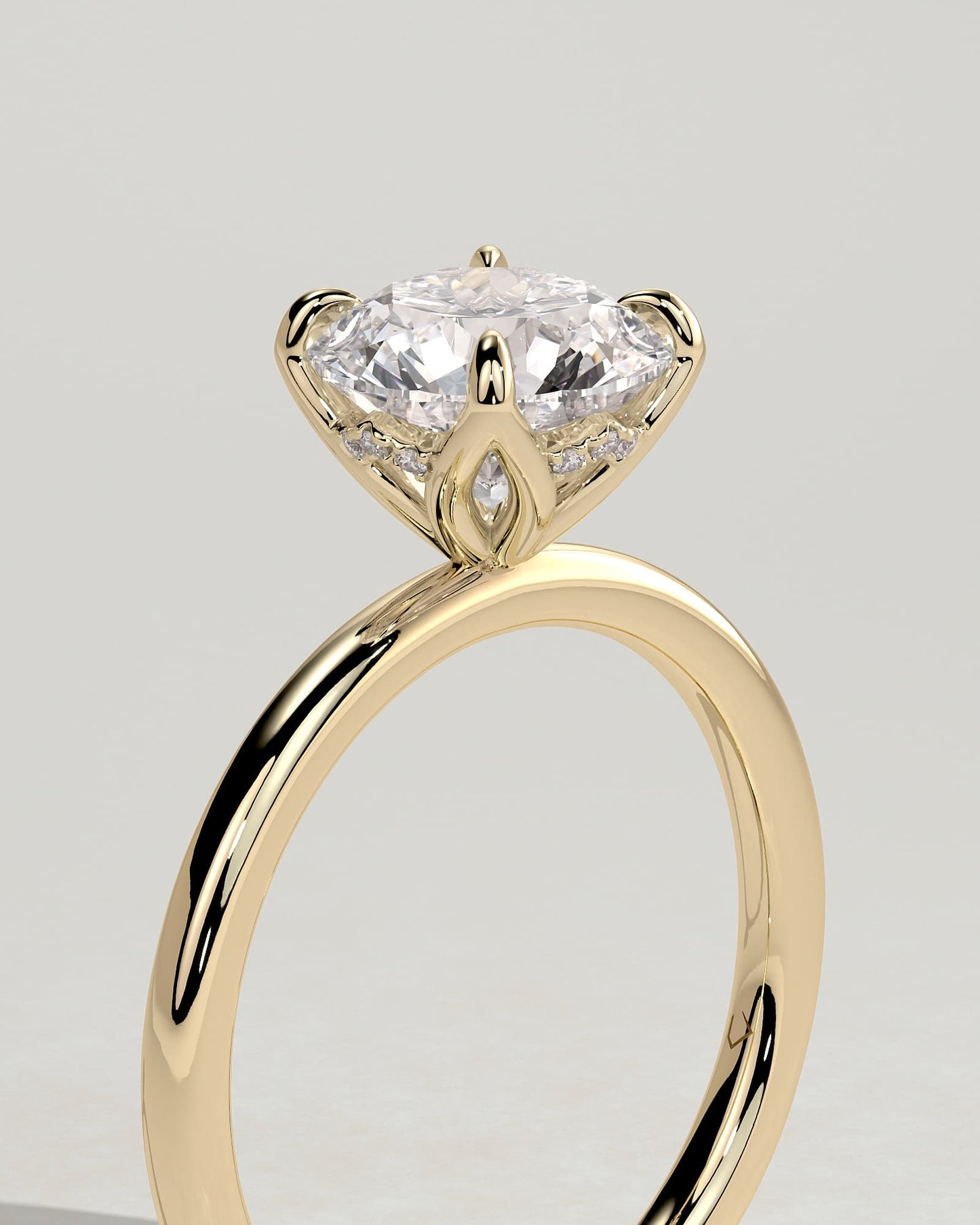 Dahlia - Round Claw Solitaire with Petal Gallery and Accented Tiara Detail Engagement Ring - Yellow Gold