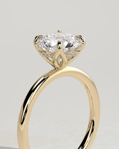 Dahlia - Round Claw Solitaire with Petal Gallery and Accented Tiara Detail Engagement Ring - Yellow Gold