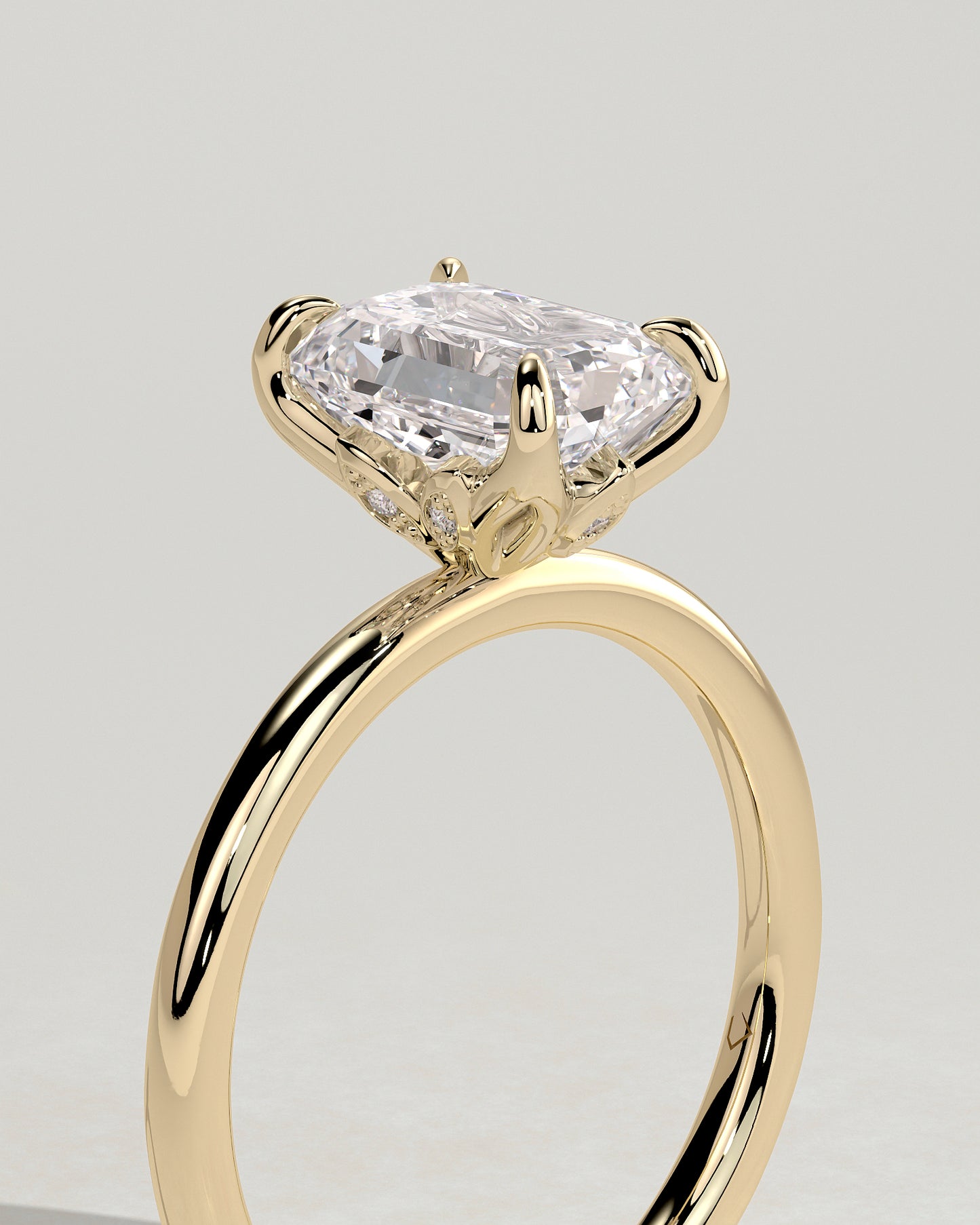 Dove - Emerald Claw Solitaire with Petal Gallery and Accent Leaf Detail Engagement Ring - Yellow Gold - Yellow Gold 2ct
