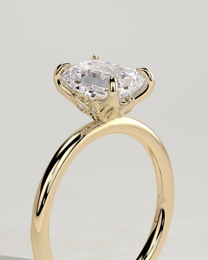 Dove - Emerald Claw Solitaire with Petal Gallery and Accent Leaf Detail Engagement Ring - Yellow Gold