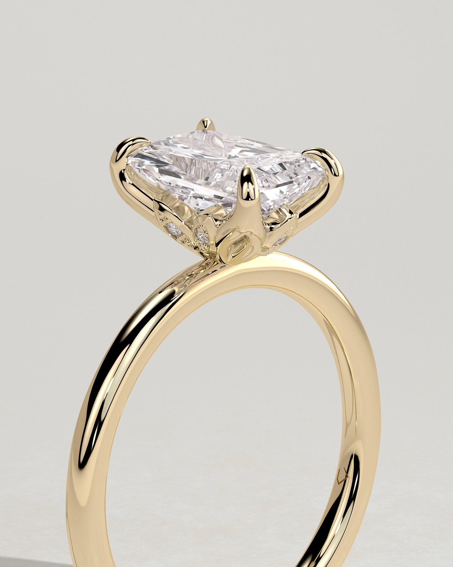 Evie - Radiant Claw Solitaire with Petal Gallery and Accent Leaf Detail Engagement Ring - Yellow Gold - Yellow Gold 2ct