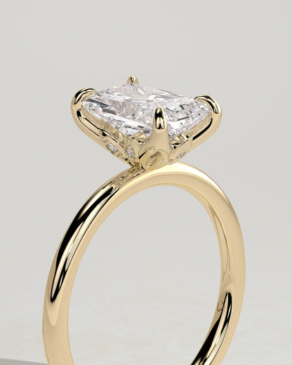 Evie - Radiant Claw Solitaire with Petal Gallery and Accent Leaf Detail Engagement Ring - Yellow Gold