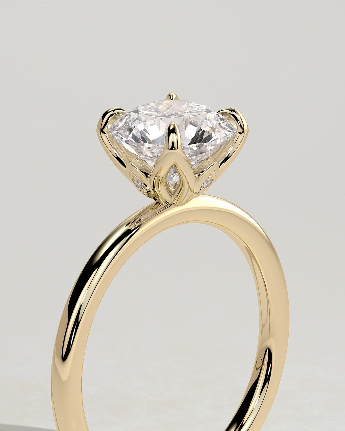 Joy - Round Claw Solitaire with Petal Gallery and Accent Leaf Detail Engagement Ring - Yellow Gold