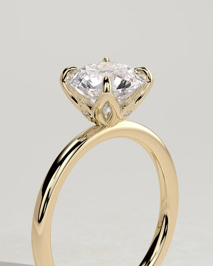 Joy - Round Claw Solitaire with Petal Gallery and Accent Leaf Detail Engagement Ring - Yellow Gold