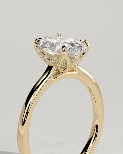 Erica - Oval Claw Solitaire with Petal Gallery, Accent Leaf Detail and Cathedral Setting Engagement Ring - Yellow Gold