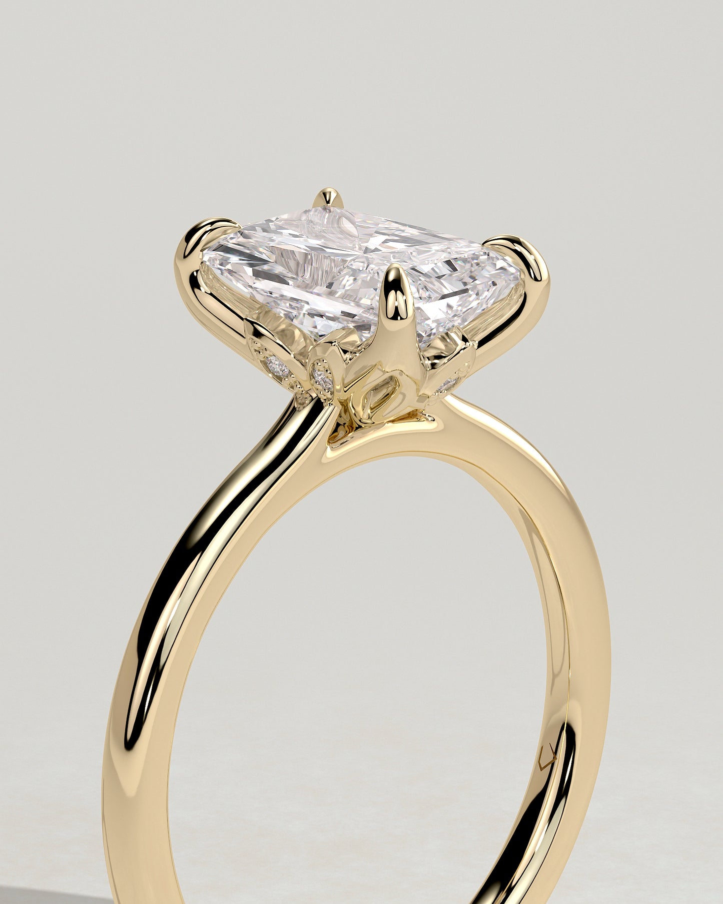 Harriet - Radiant Claw Solitaire with Petal Gallery, Accent Leaf Detail and Cathedral Setting Engagement Ring - Yellow Gold - Yellow Gold 2ct